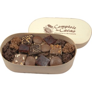 Assortiment feuilletés pralinés, palets, croquants - Comptoir du cacao - Boite en bois 380g